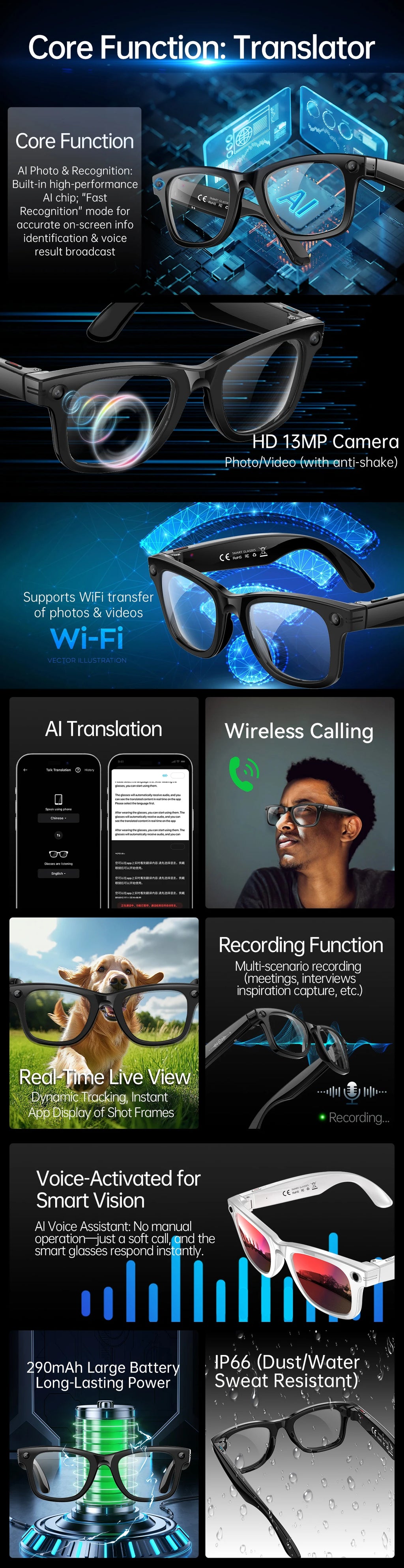 LIGE 4K 13MP Smart Glasses Men & Women HD Camera AI Translation Chat