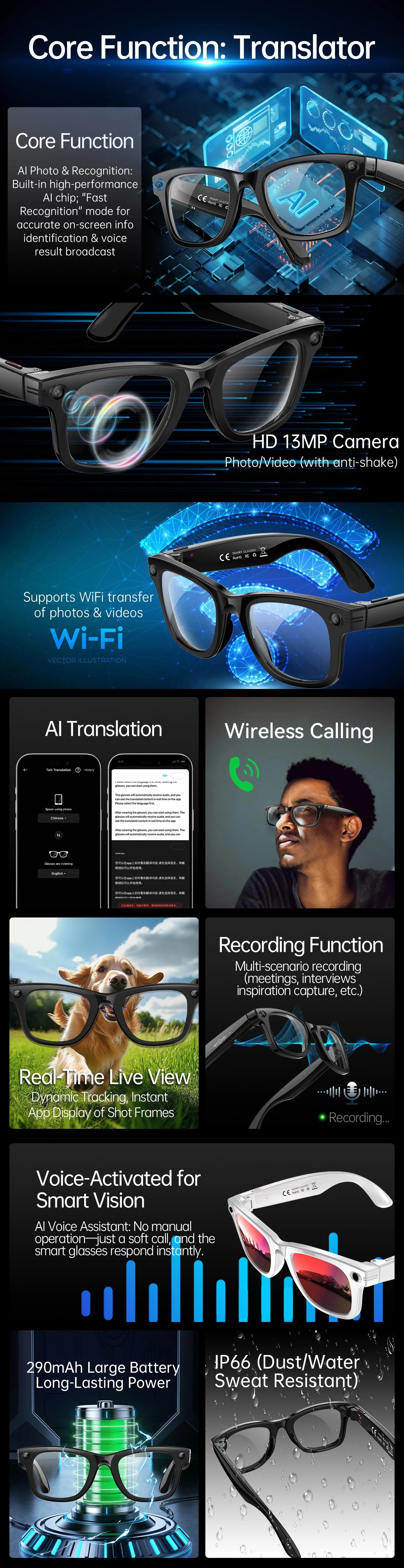 LIGE 4K 13MP Smart Glasses Men & Women HD Camera AI Translation Chat