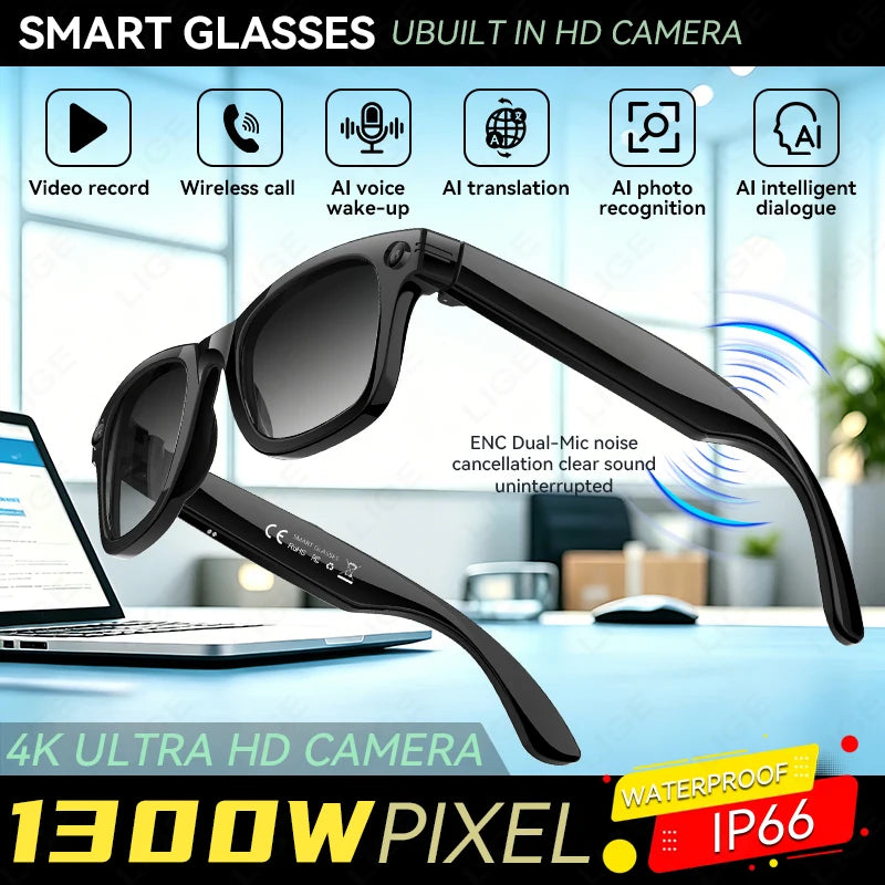 LIGE 4K 13MP Smart Glasses Men & Women HD Camera AI Translation Chat