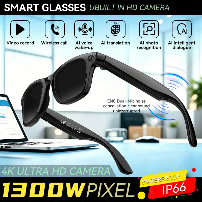 LIGE 4K 13MP Smart Glasses Men & Women HD Camera AI Translation Chat