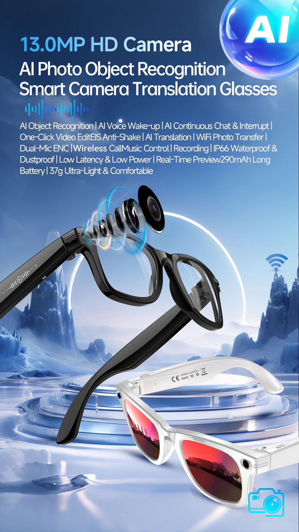 LIGE 4K 13MP Smart Glasses Men & Women HD Camera AI Translation Chat