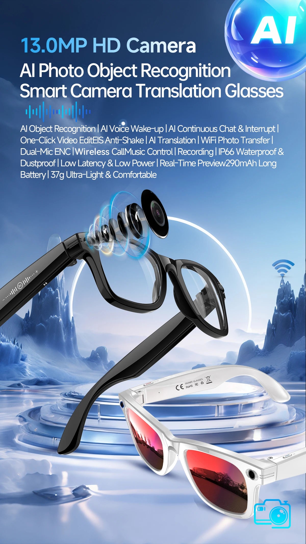 LIGE 4K 13MP Smart Glasses Men & Women HD Camera AI Translation Chat