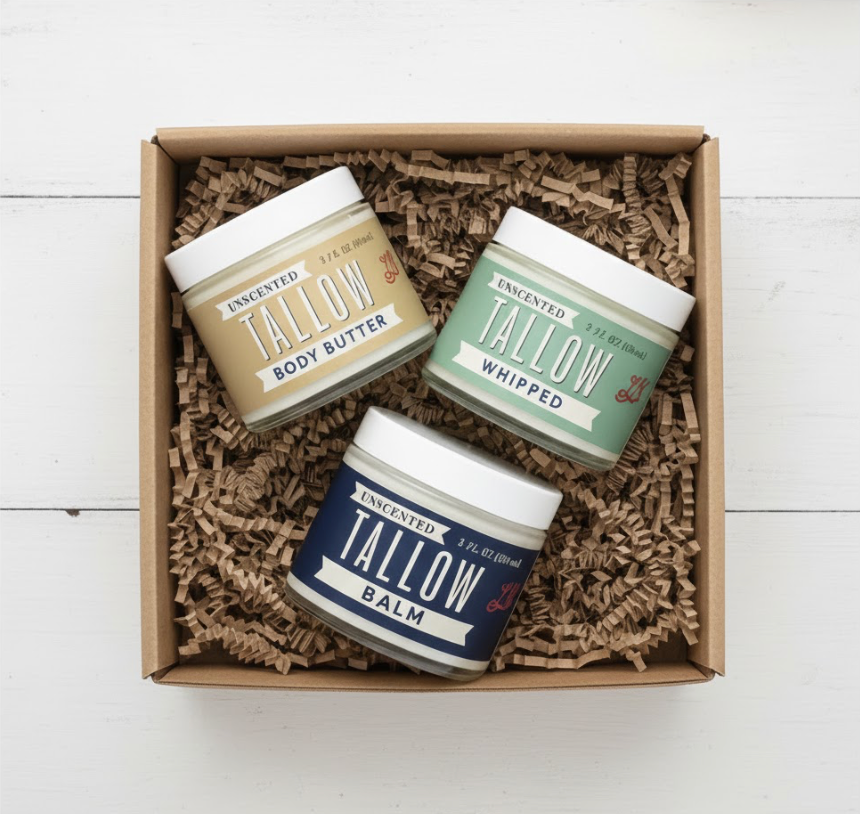Unscented Tallow Skincare 9oz Trio - Whipped Moisturizer, Body Butter & Balm | Lady May Tallow