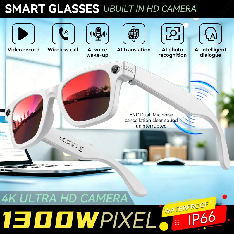 LIGE 4K 13MP Smart Glasses Men & Women HD Camera AI Translation Chat